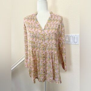 BluTHREADS M light cotton tunic top pin-tuck Pink Multi Floral Lagenlook Cottage